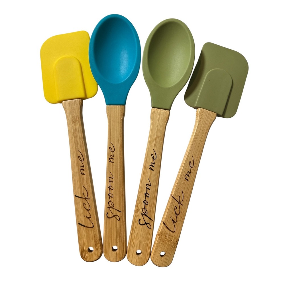 4pc Silicone Spatula Spoon Set Bamboo Handle Lick Me Spoon Me Yellow Blue Green